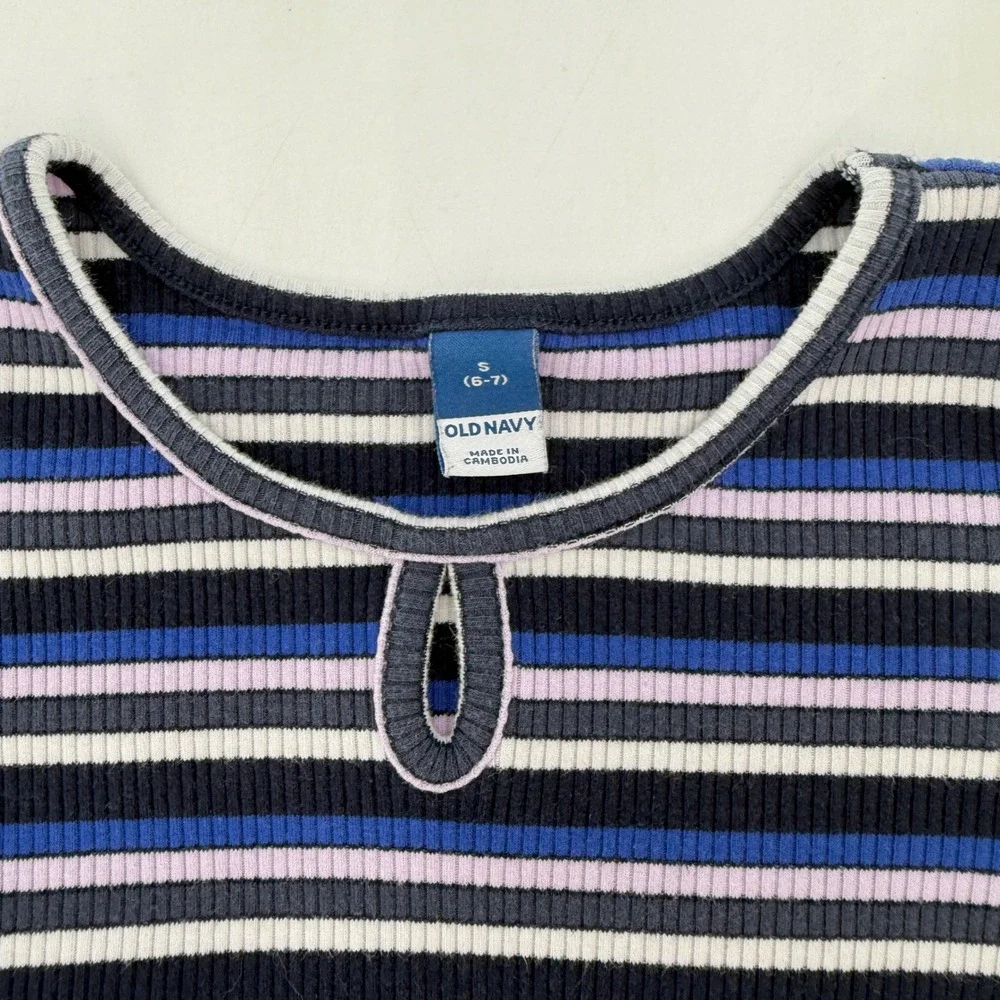 Old Navy Girls' Striped Ribbed Keyhole Top - Black Blue Purple - Size S (6-7)‎